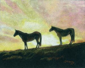 Colored pencil drawing of two horses silhouetted against a vibrant sunset, capturing the dramatic contrast and rich colors in the sky.