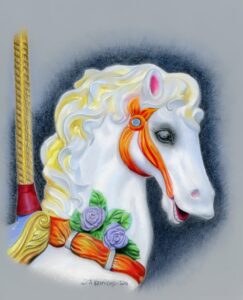 Realistic colored pencil portrait of a carousel horse, capturing intricate details and vibrant colors, by Tammy Mouncey.