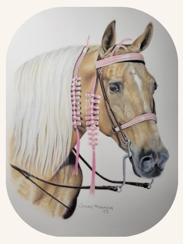 custom pet portrait, colored pencil, Missouri Foxtrotter, palomino, horse art